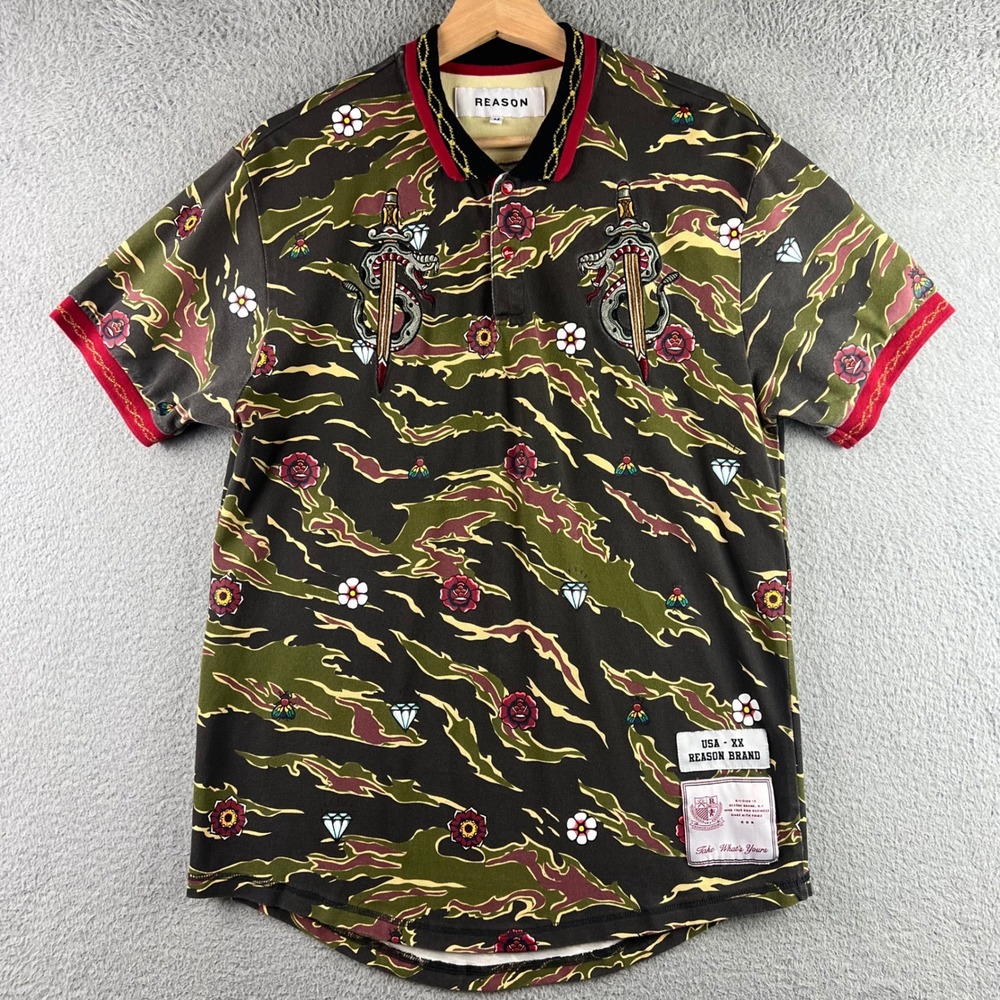 Reason Brand Mens Tiger Stripe Camo Polo Shirt Embroidered Dagger Snake Size M
